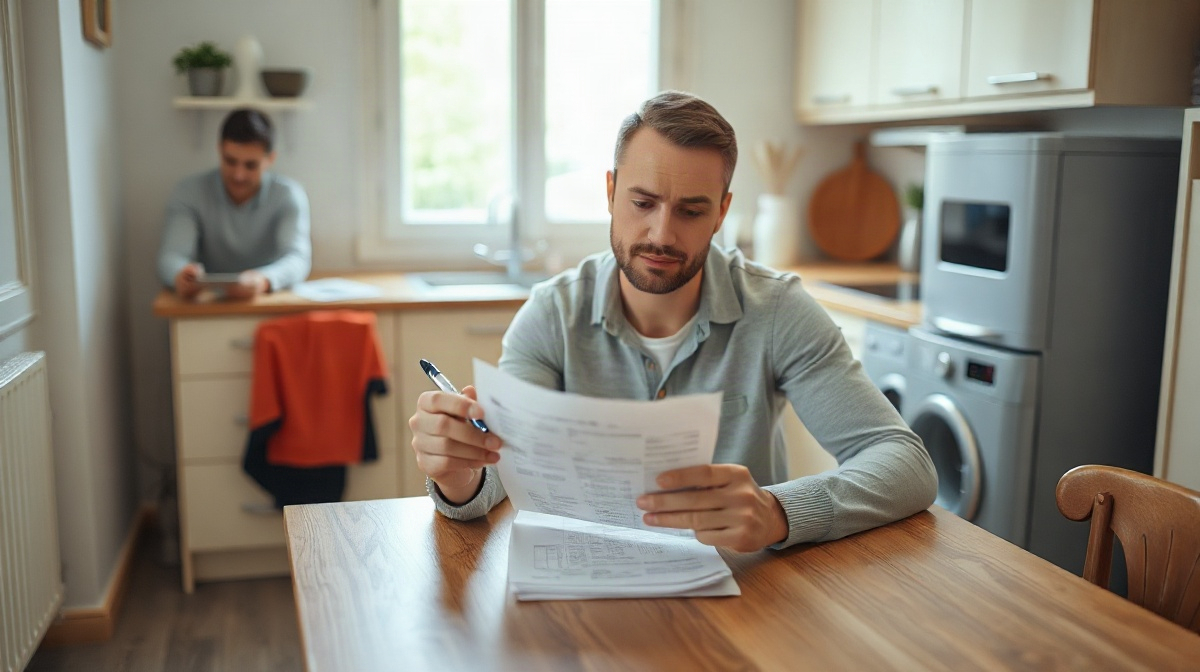 Personne examinant des documents et un reçu près d’un appareil ménager