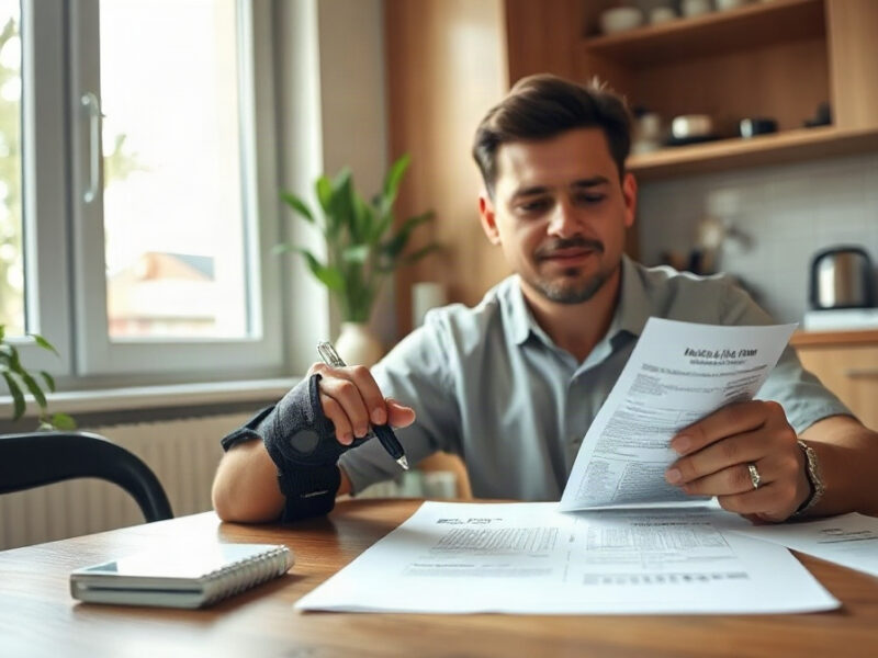 Personne portant une attelle au poignet examine des documents à table