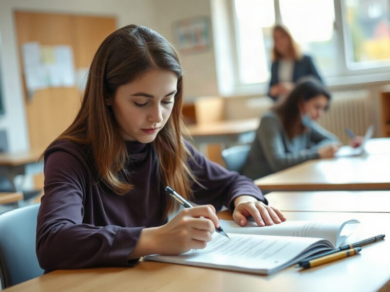 Candidat passant une épreuve écrite dans une salle de classe