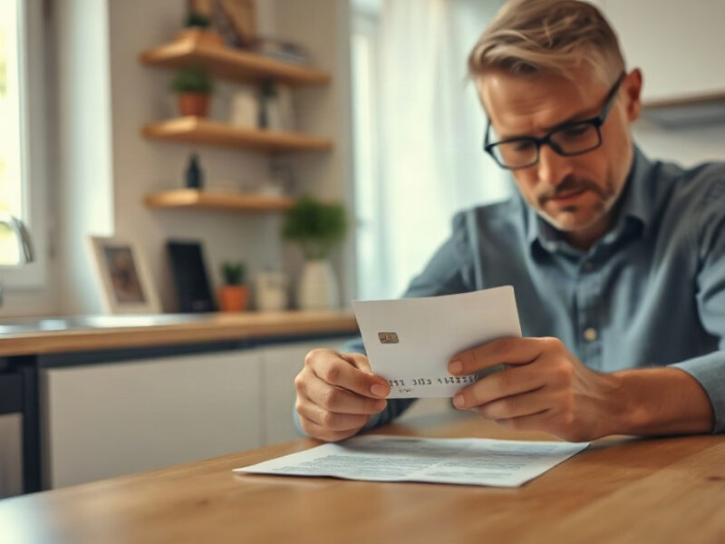 Personne examinant une carte bancaire près d’une lettre à table