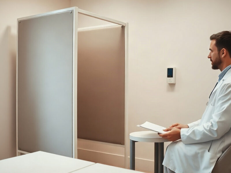 Employé assis près d’un paravent, médecin du travail en blouse expliquant l’examen