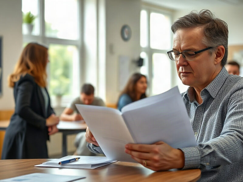 Adulte en formation relisant un dossier avec un formateur à ses côtés