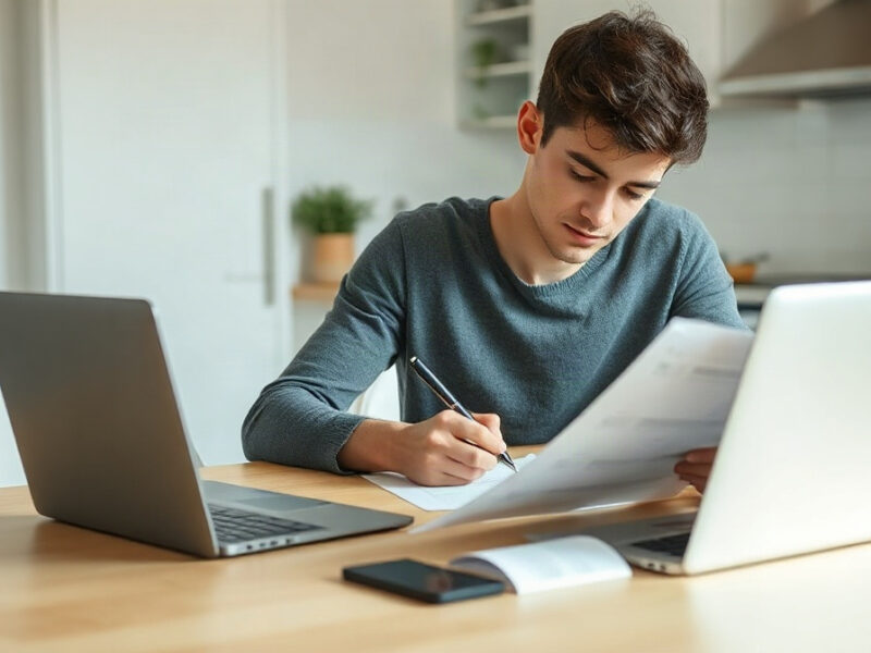 Jeune adulte assis à une table, examinant des documents et écrivant au stylo