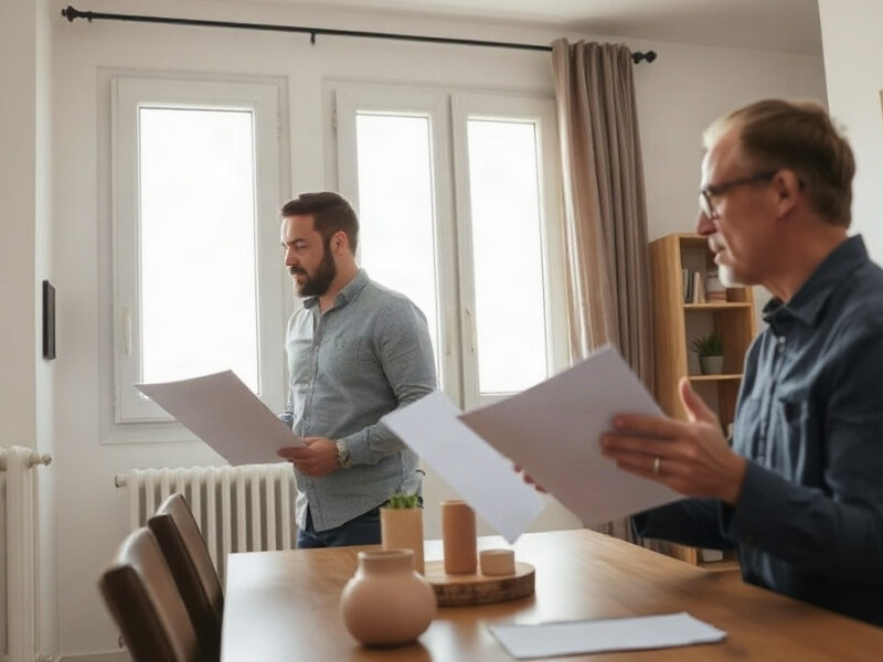 Diagnostiqueur examine radiateur et fenêtre, propriétaire tenant des documents vierges