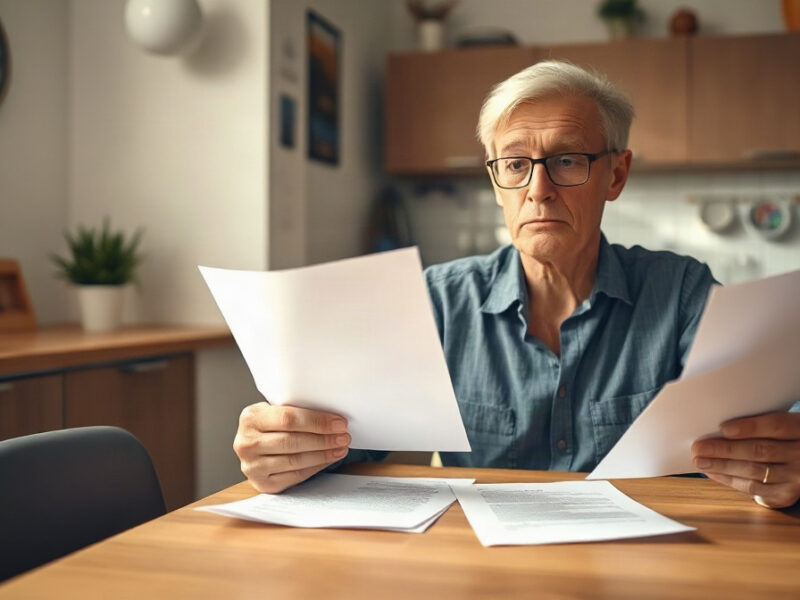 Adulte assis à une table de cuisine, lisant des courriers au stylo