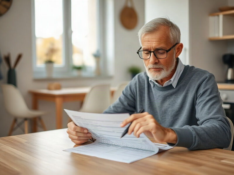 Adulte assis à la table, examinant un relevé bancaire avec un stylo