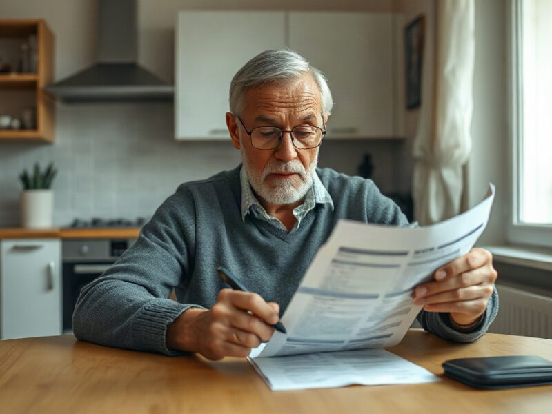 Personne d’âge moyen examinant un relevé bancaire à une table de cuisine