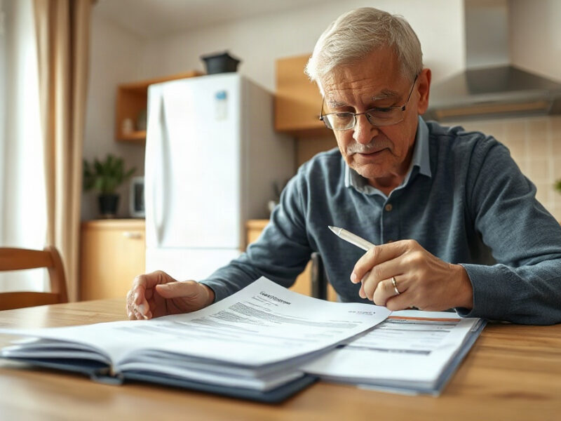 Personne d’âge mûr examinant un relevé bancaire à table dans une cuisine