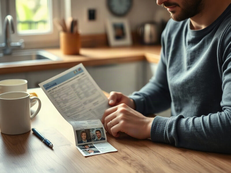 Personne examinant un relevé bancaire avec des photos d’identité à côté