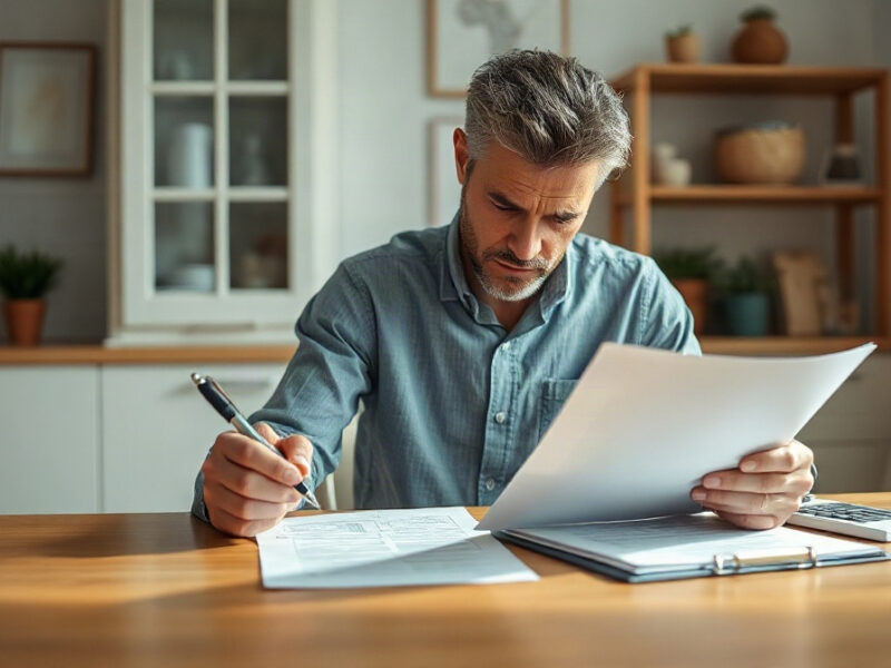 Adulte assis à une table, consultant des documents vierges, stylo en main