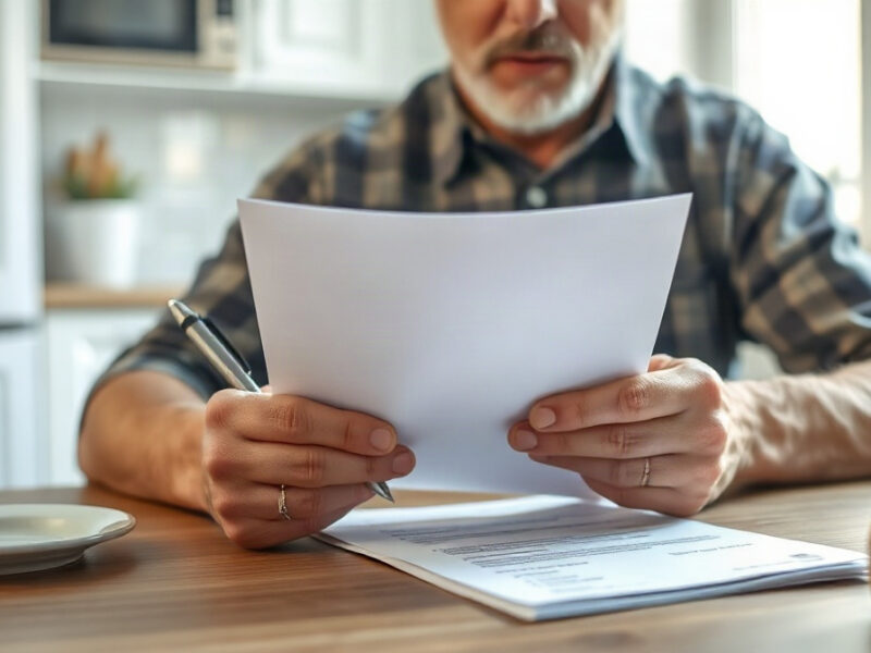 Personne examinant des papiers bancaires vierges avec un stylo