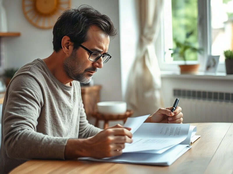 Adulte lisant attentivement une lettre officielle à la table de cuisine