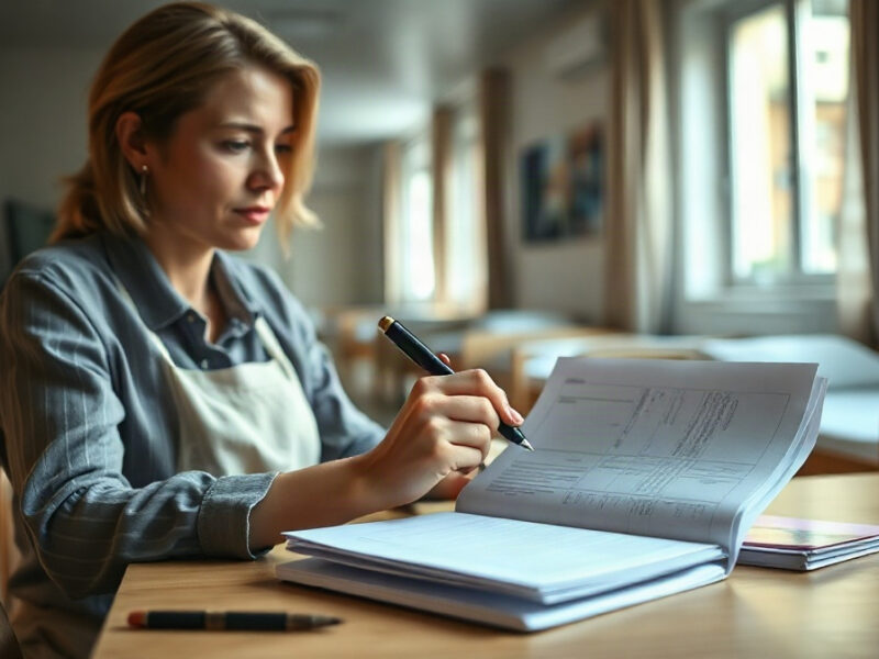 Agent examinant des documents vierges, stylo en main, devant des lits