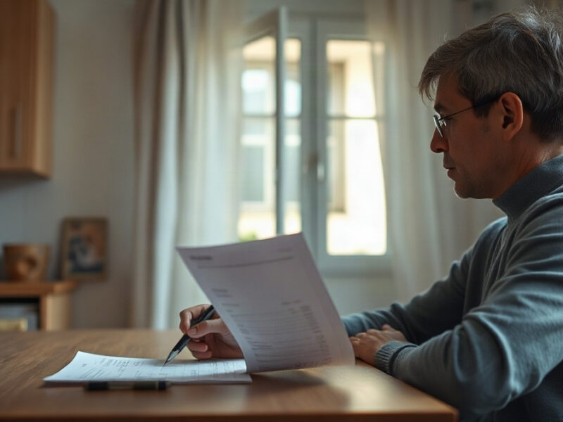 Personne examinant un relevé bancaire papier à table avec un stylo