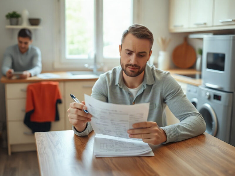 Personne examinant des documents et un reçu près d’un appareil ménager