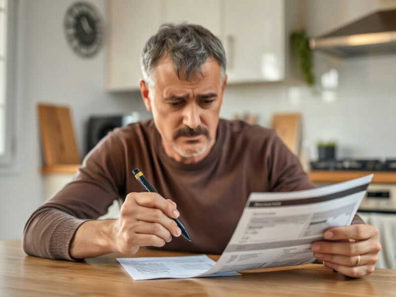 Adulte assis à une table examinant un relevé bancaire et une carte bancaire