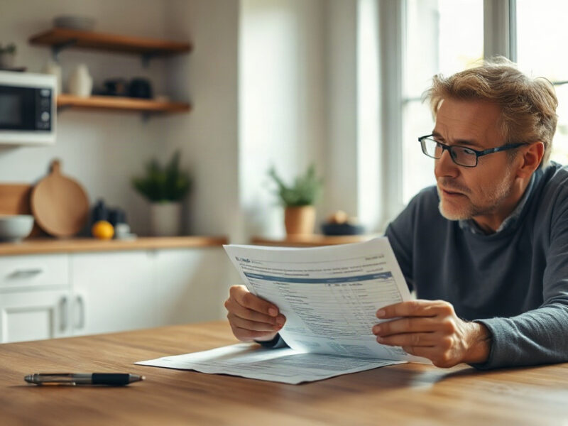 Adulte examinant un relevé bancaire imprimé à table